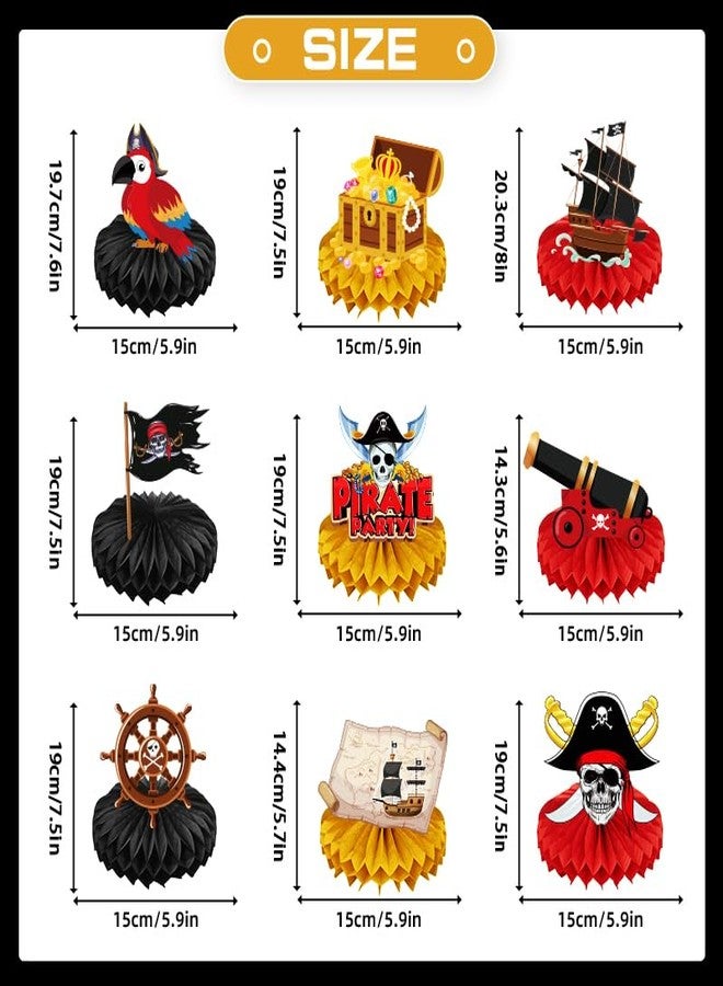 Koeilay 9 Pcs Pirate Party Decorations Honeycomb Centerpiece Table Decoration Pirate Ship Captain Hat Parrot Treasure Map Skull Cake Topper Nautical Decor for Birthday Party Baby Shower Office Classroom - Image 2